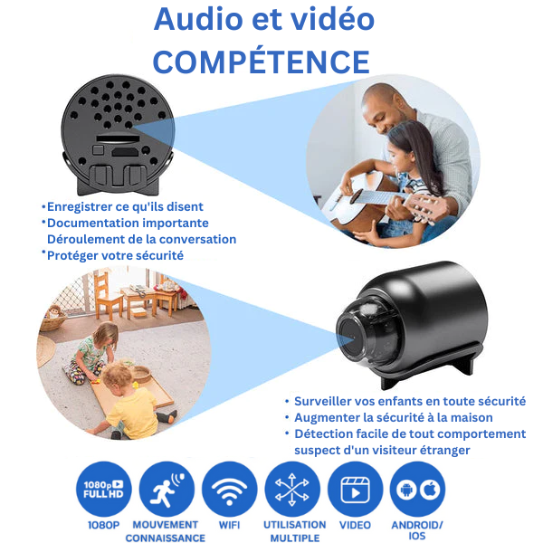 "Telecamera sicurezza Full HD, visione notturna, design compatto, obiettivo 160°, ideale casa e ufficio, controllo remoto."
