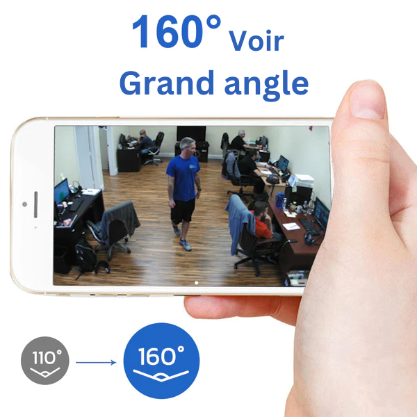 "Telecamera sicurezza Full HD, visione notturna, design compatto, obiettivo 160°, ideale casa e ufficio, controllo remoto."