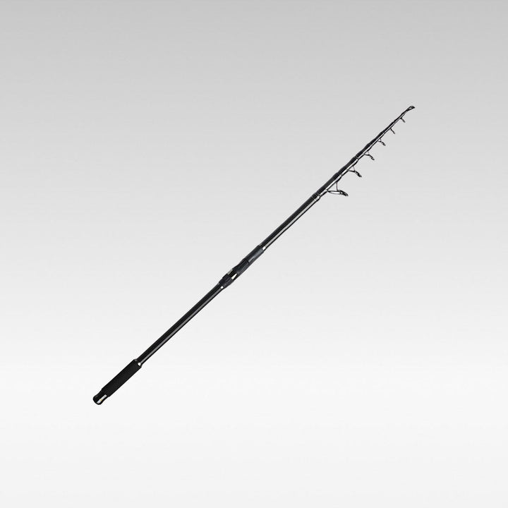 Telescopic carbon fiber spinning rod for saltwater fishing, extended view, dark finish, portable angling gear