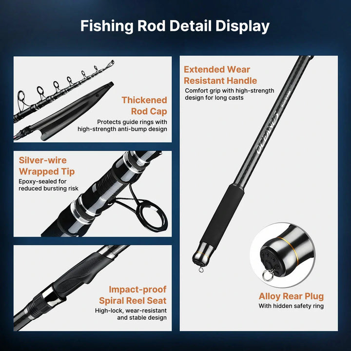 Action shot: telescopic carbon fiber spinning rod bent during a catch, highlighting its durability and strength
