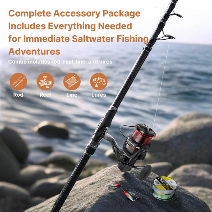 Telescopic carbon fiber spinning rod against a marine backdrop, emphasizing its saltwater fishing suitability