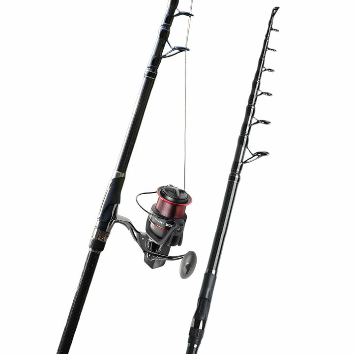 Diagram illustrating the telescopic collapse of a carbon fiber spinning rod for compact storage, angling gear