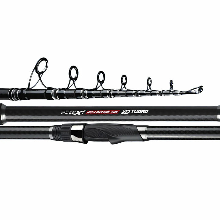 Telescopic carbon fiber spinning rod with a durable, non-slip grip, perfect for wet conditions, fishing gear
