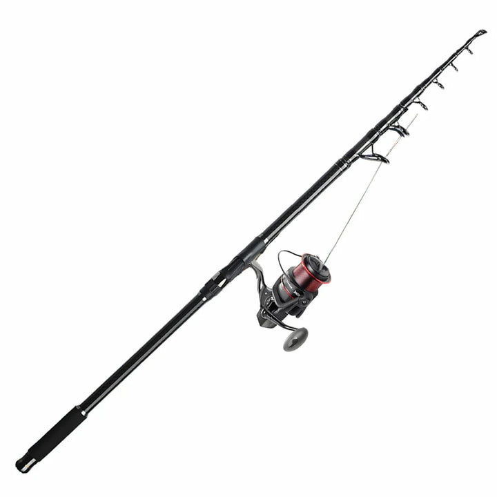 Comparison: collapsed vs. extended telescopic carbon fiber spinning rod, showing portability and length