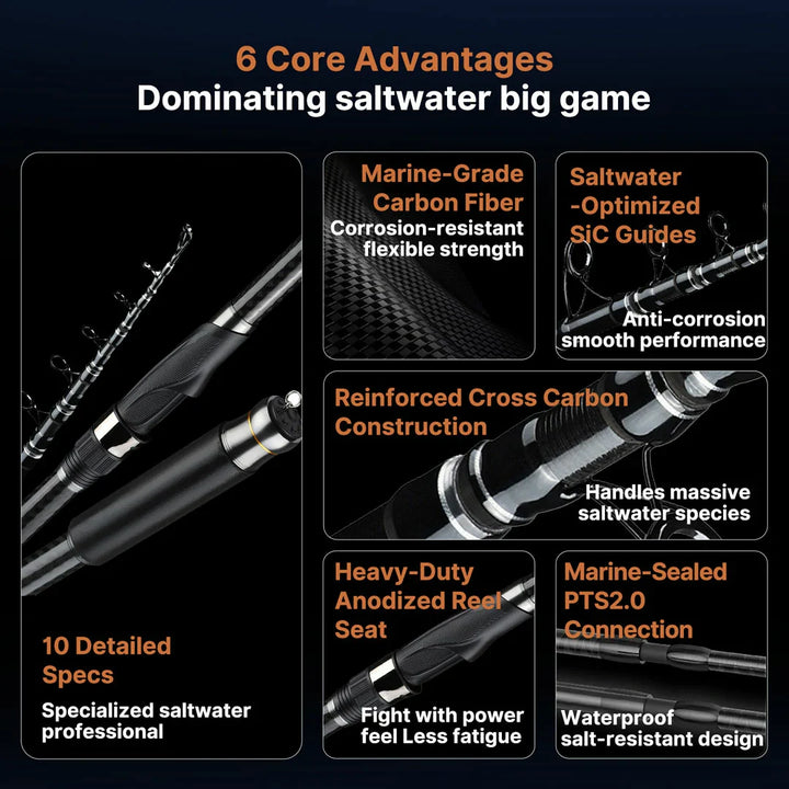 Telescopic carbon fiber fishing rod with reel attached, ready for saltwater angling, durable design