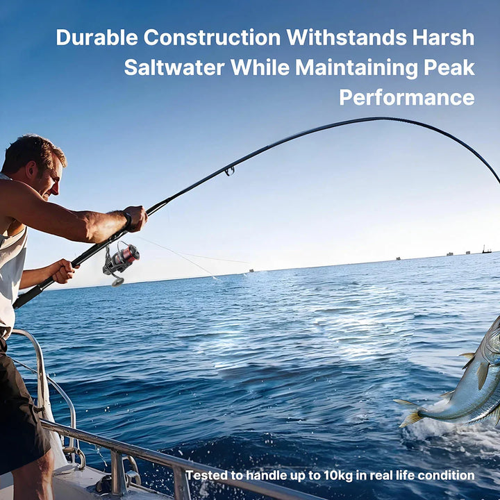 Detail of the high-quality guides on a telescopic carbon fiber spinning rod, essential for smooth casting