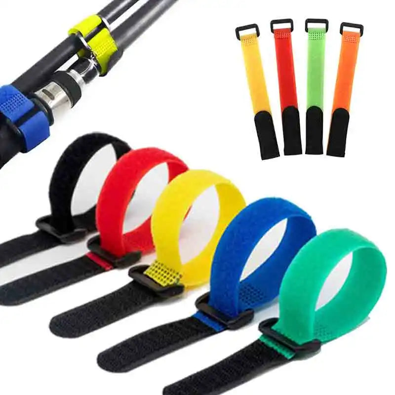 Ten fishing rod tie straps, black, hook and loop, for organizing fishing gear, adjustable, durable