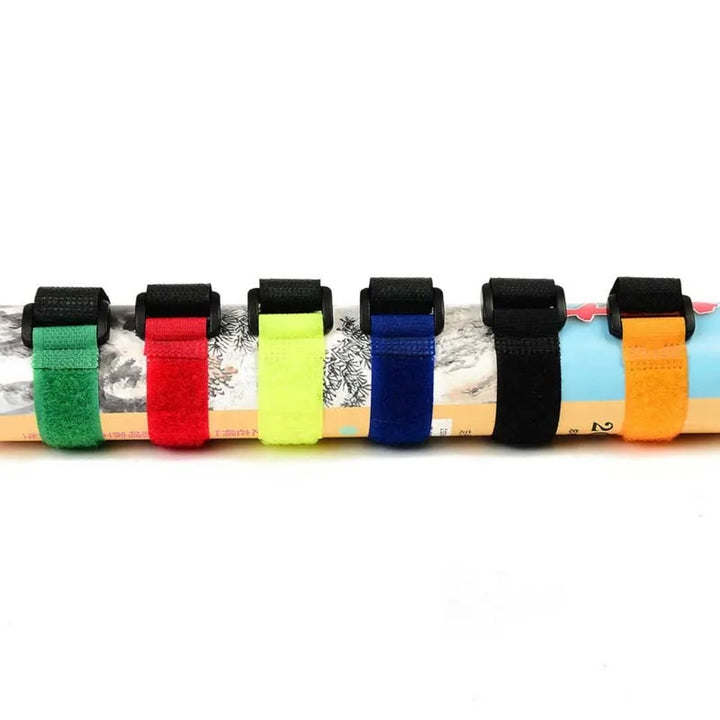 Set of 10 durable fishing rod tie straps shown neatly stacked, fishing accessory kit