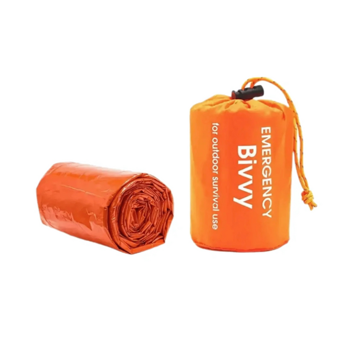 Folded thermal survival sleeping bag, ready for backpacking, camping, and outdoor emergencies