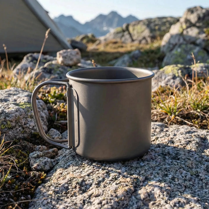 Titanium camping mug with foldable handle, perfect for outdoor adventures & compact storage.
