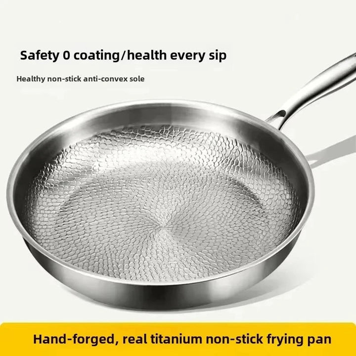 Induction compatible titanium hammered skillet, non-stick surface for healthy cooking & easy cleaning.