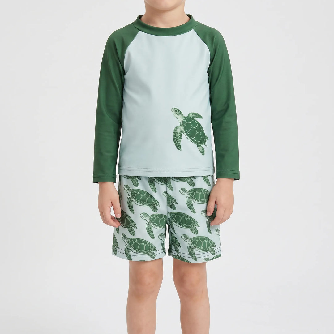 Kids' two-piece long-sleeve tortoise print swimwear, perfect for summer pool play & UV protection.