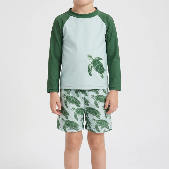 Kids' two-piece long-sleeve tortoise print swimwear, perfect for summer pool play & UV protection.