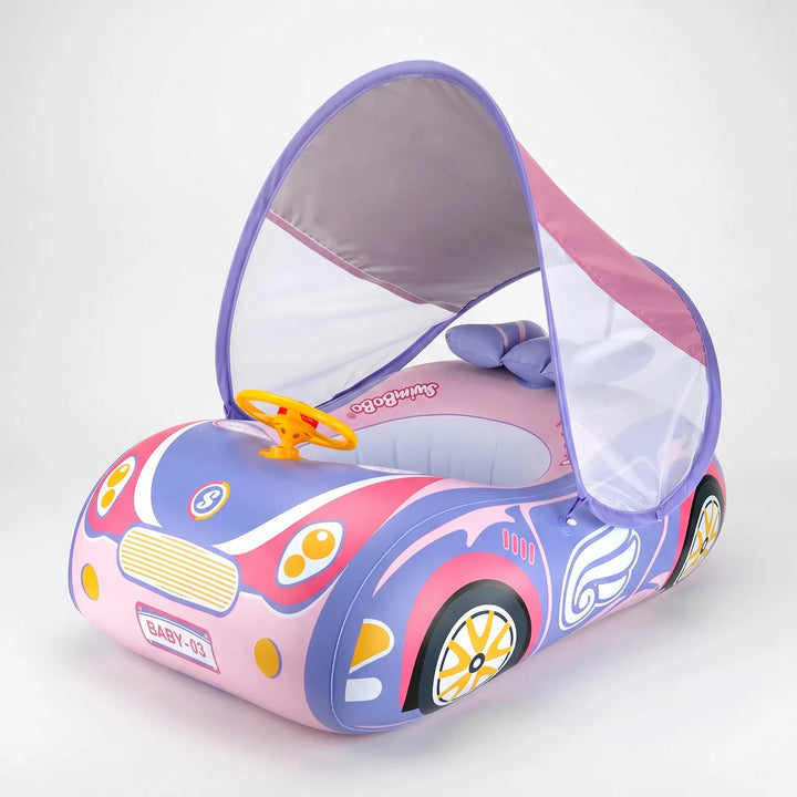 Bright yellow inflatable car pool float with steering wheel and detachable sun canopy for toddlers.