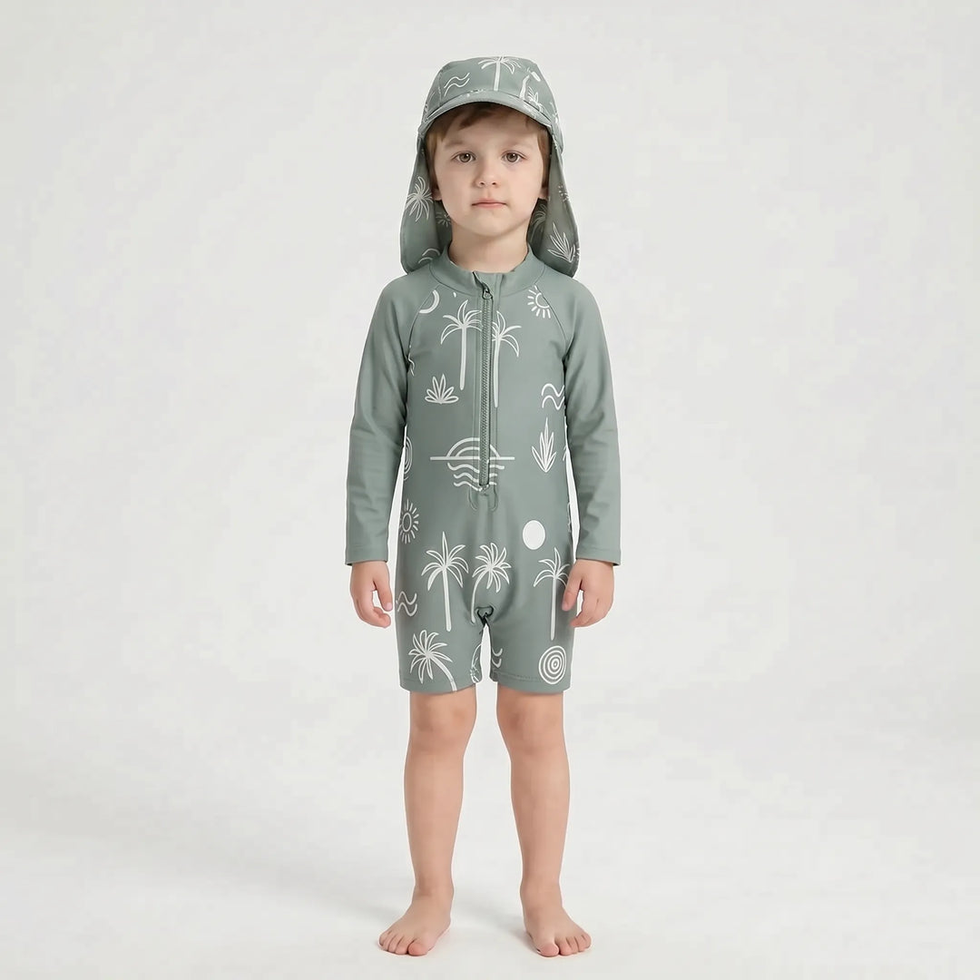 Kids long-sleeve one-piece swimsuit with sun hat. Ideal baby swimwear for sun protection & beach water play.