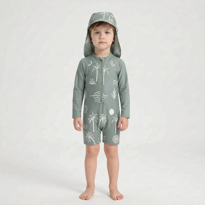 Kids long-sleeve one-piece swimsuit with sun hat. Ideal baby swimwear for sun protection & beach water play.