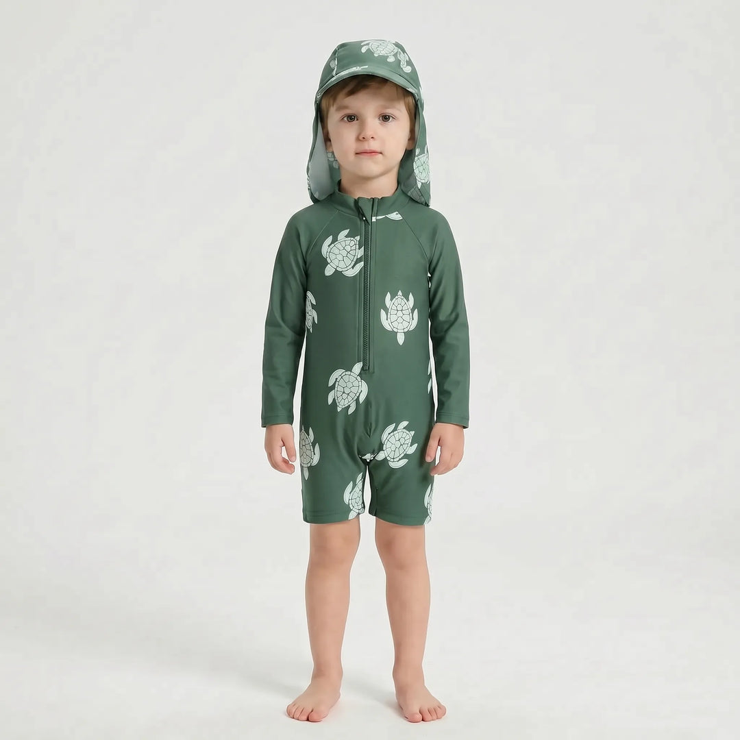 Essential toddler beachwear: long-sleeve rash guard swimsuit and sun hat for all-day sun protection & summer fun.