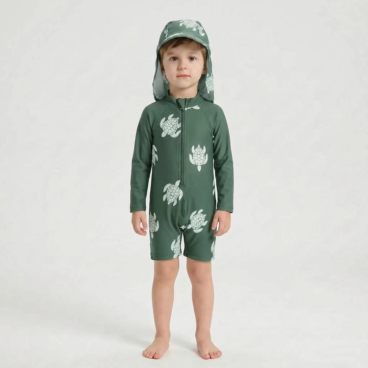 Essential toddler beachwear: long-sleeve rash guard swimsuit and sun hat for all-day sun protection & summer fun.