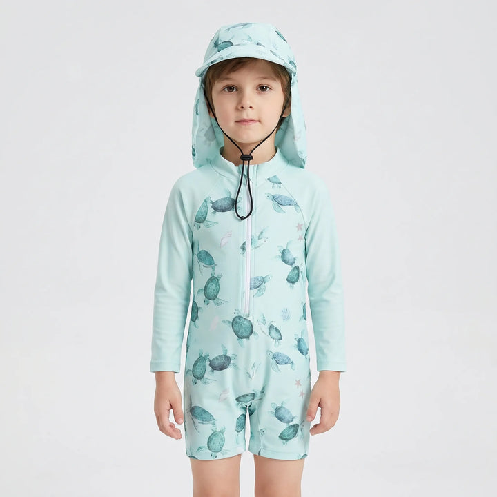 Zippered long-sleeve toddler swimsuit and sun hat provides UPF 50+ sun protection for boys or girls water play.