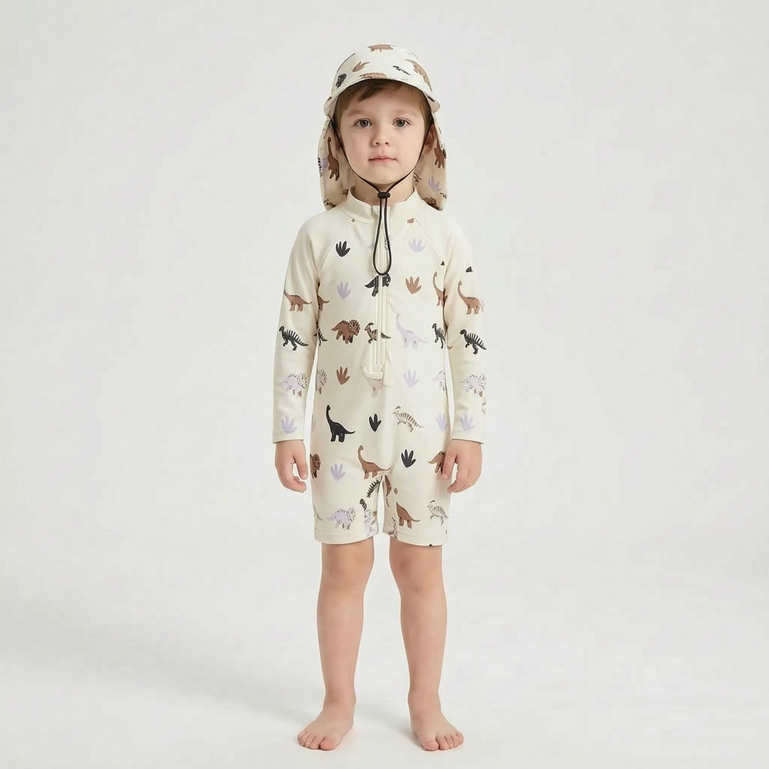 Toddler long-sleeve sun protection swimsuit with a matching swim hat for safe kids' water play & summer outfits.