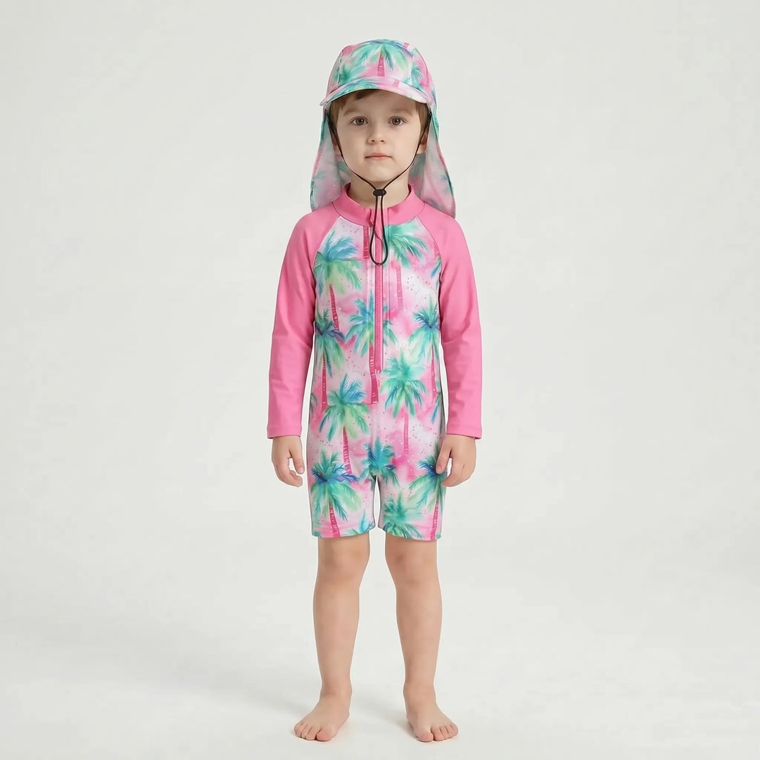 UPF 50+ long-sleeve toddler rash guard swimsuit and wide-brim sun hat for superior baby sun protection.