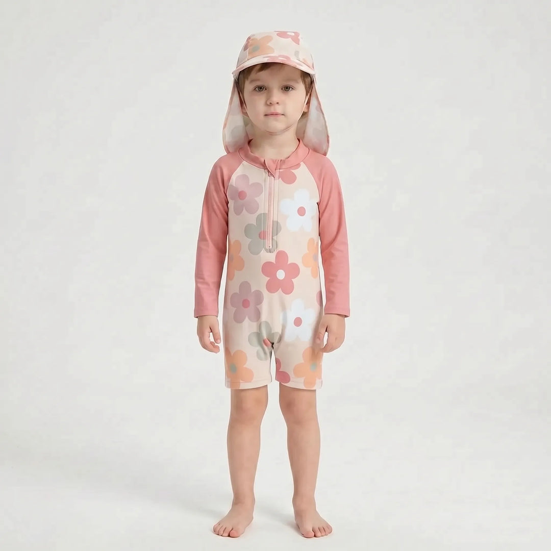 Toddler boy/girl long-sleeve one-piece swimsuit set with sun hat for comfortable summer water play & adventures.