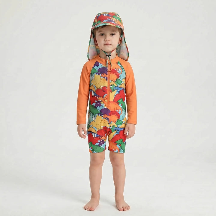 Easy-wear zipper long-sleeve baby swimwear & sun hat set, offering full sun protection for active toddlers.