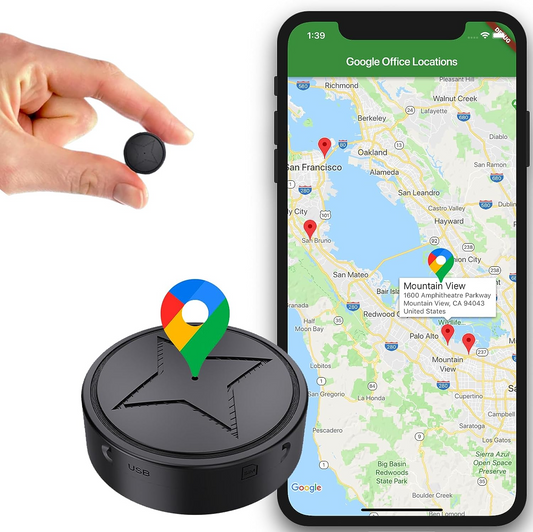 "Tracker GPS intelligente compatto nero, montaggio magnetico per chiavi e biciclette, design discreto, tracciamento in tempo 