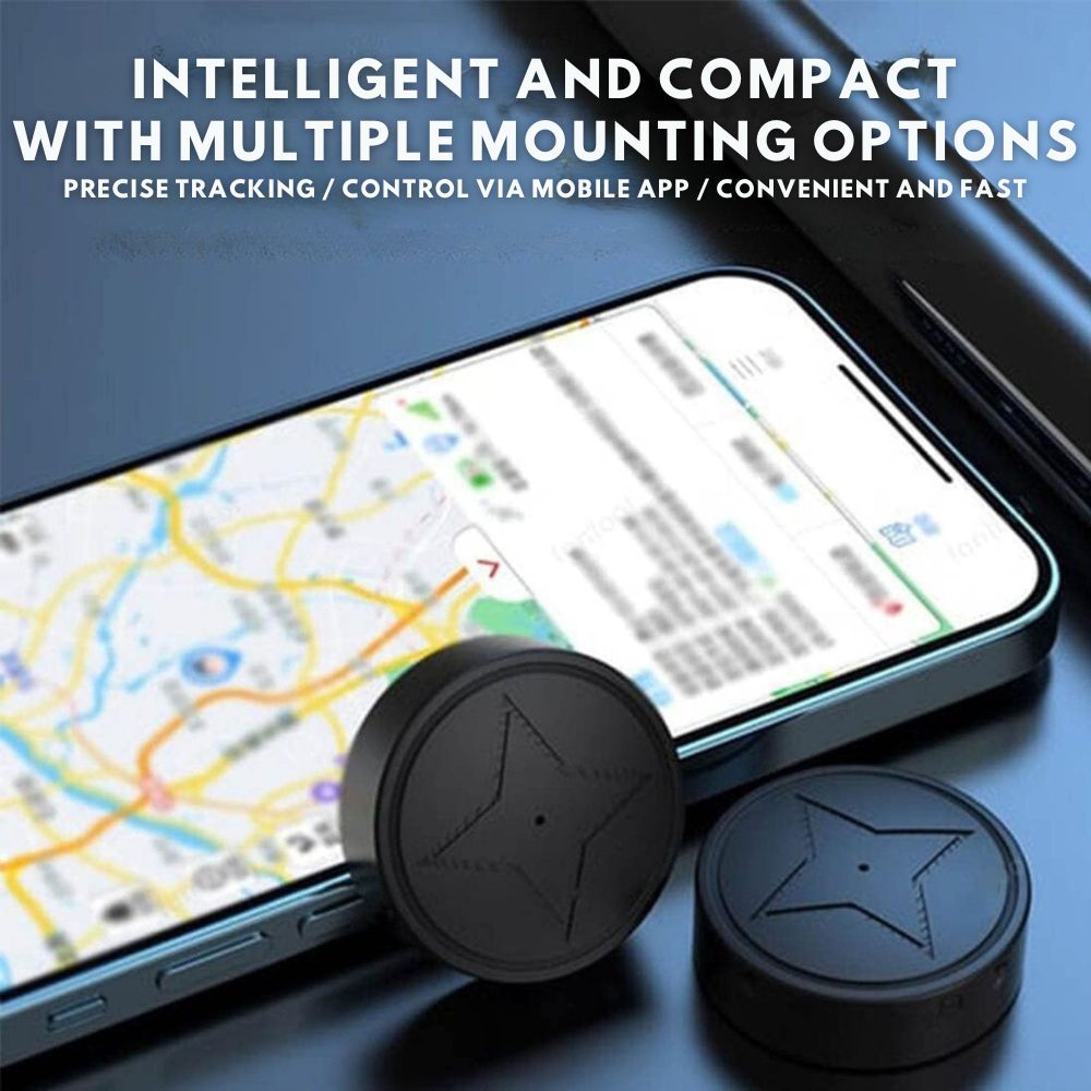 "Tracker GPS intelligente compatto nero, montaggio magnetico per chiavi e biciclette, design discreto, tracciamento in tempo 