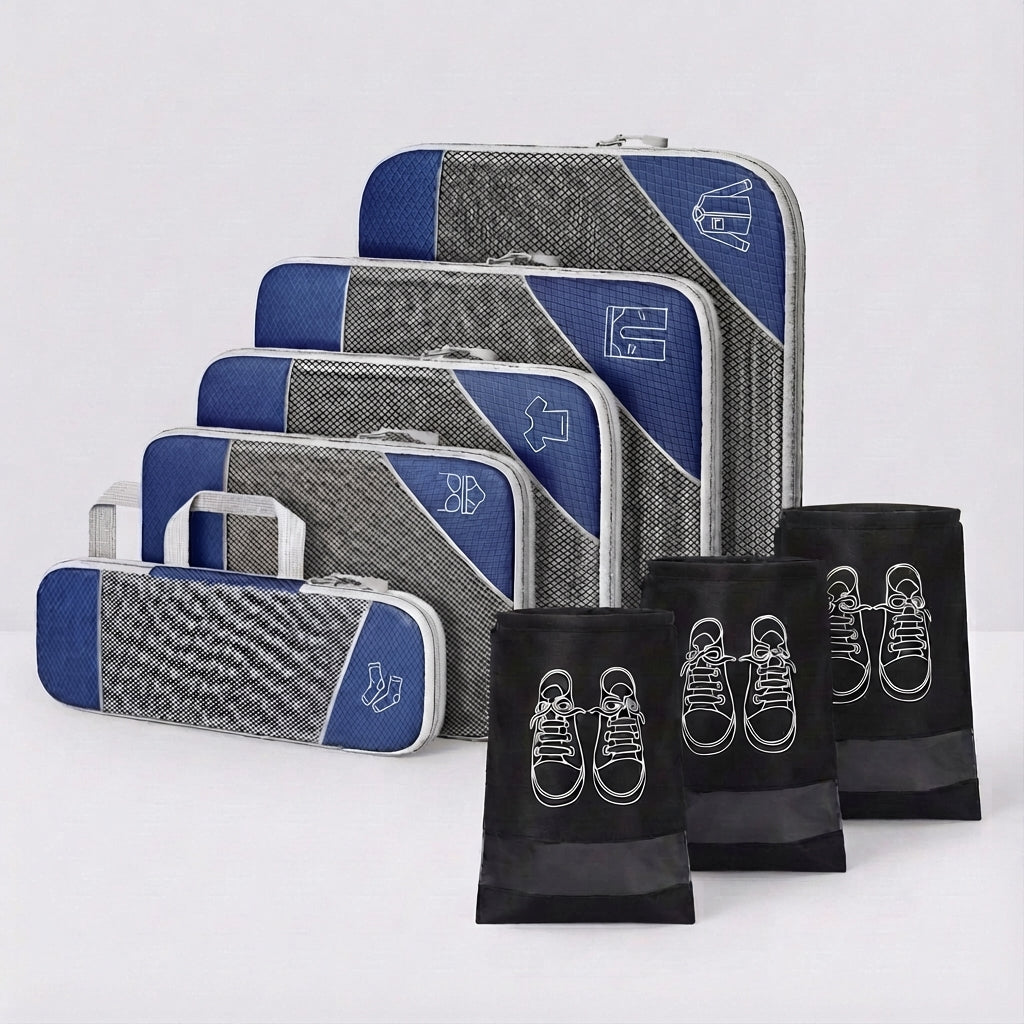 Travel essentials packing cubes inside a suitcase. Organized luggage set with compression bags for space.