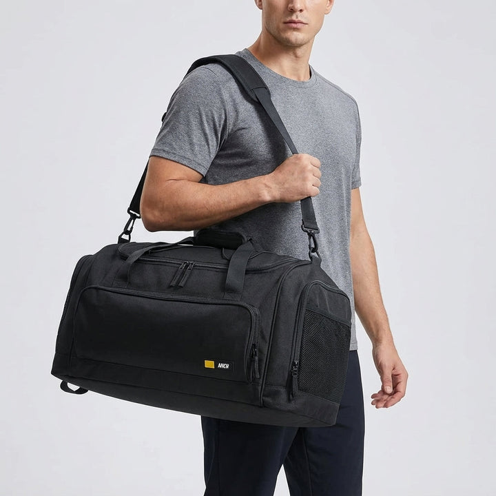 Durable water-resistant duffel bag, perfect for travel & gym, featuring multiple compartments & lightweight design.
