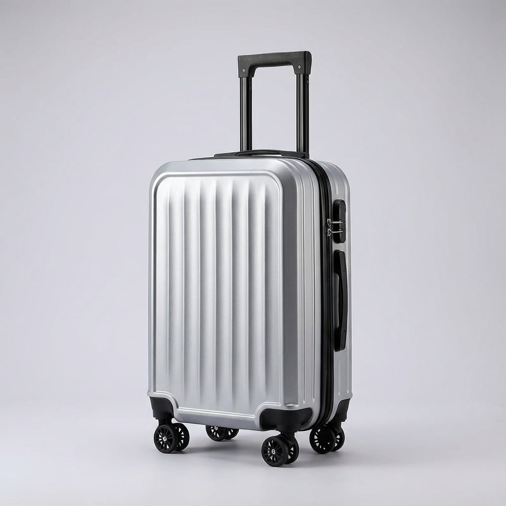 Unisex spinner travel case with ribbed hardshell & secure lock, an airport essential for vacation gear.