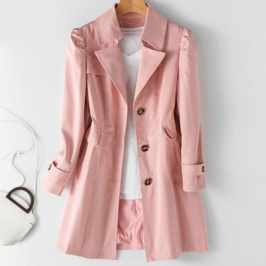 Trench da donna elegante in cashmere, beige, resistente all'acqua, con silhouette classica e bottoni, ideale per ogni occasio
