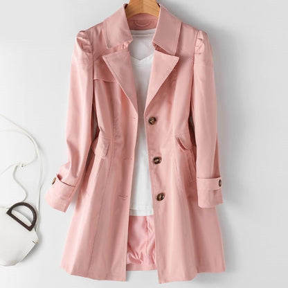 Trench da donna elegante in cashmere, beige, resistente all'acqua, con silhouette classica e bottoni, ideale per ogni occasio