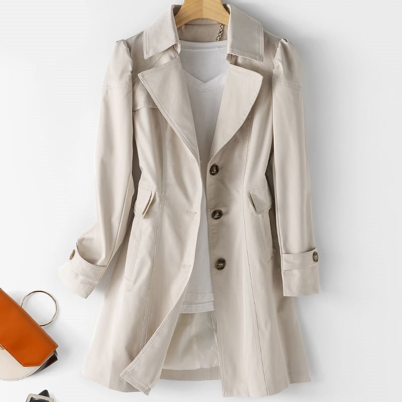 Trench da donna elegante in cashmere, beige, resistente all'acqua, con silhouette classica e bottoni, ideale per ogni occasio