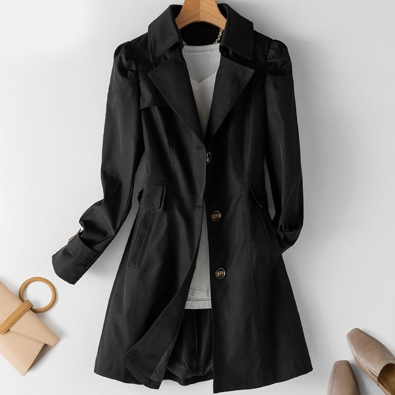 Trench da donna elegante in cashmere, beige, resistente all'acqua, con silhouette classica e bottoni, ideale per ogni occasio