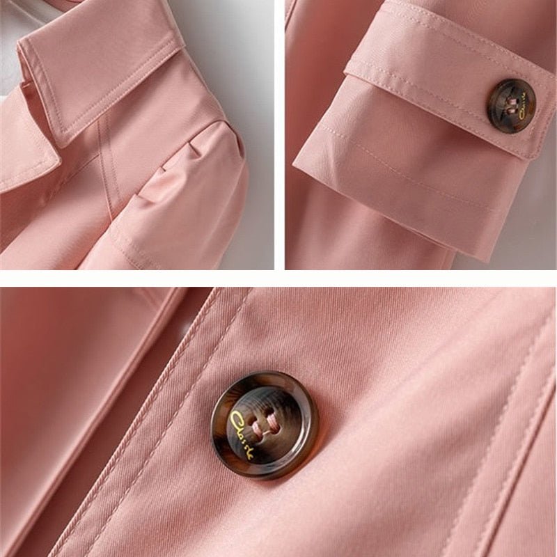 Trench da donna elegante in cashmere, beige, resistente all'acqua, con silhouette classica e bottoni, ideale per ogni occasio