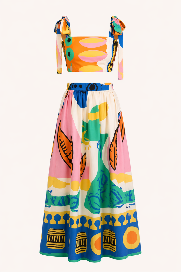 Women's tropical print sleeveless crop top & matching high-waisted maxi skirt. Ideal for beach & resort wear.