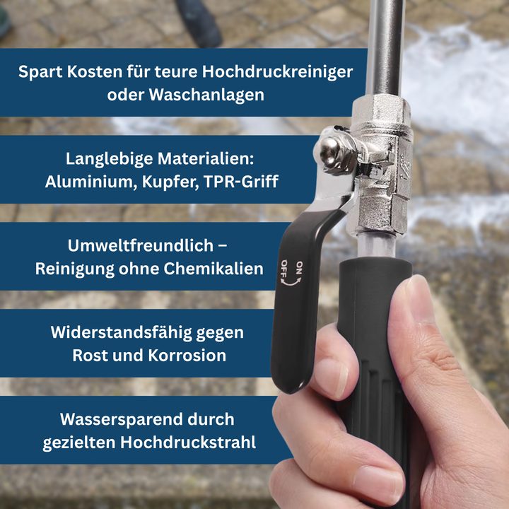 Compact turbo pressure washer connected to a garden hose, enhancing car wash efficiency