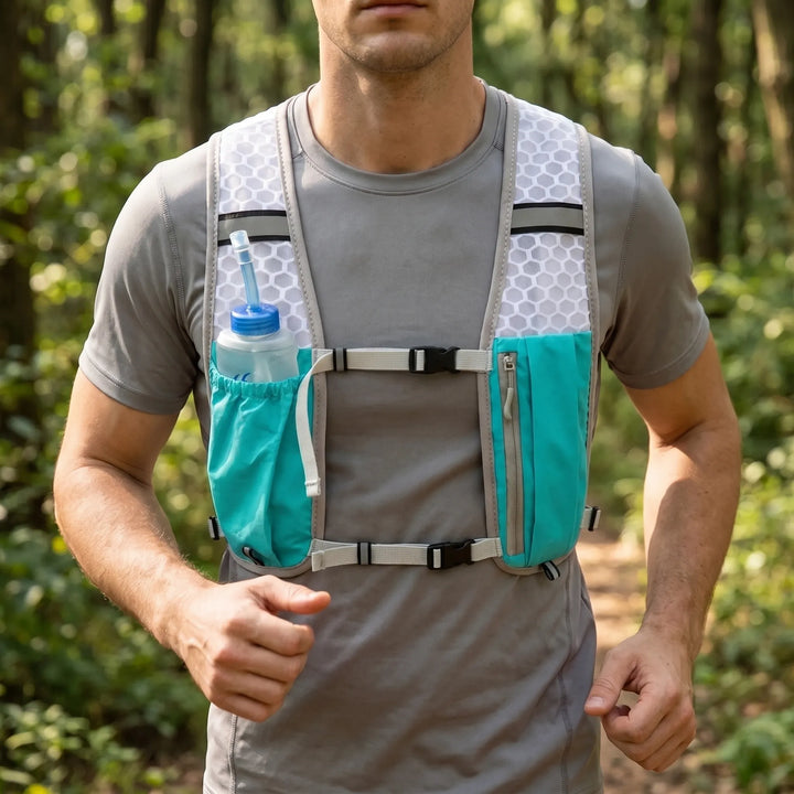 Turquoise unisex lightweight hydration vest for trail running & hiking. Essential outdoor gear for athletes.