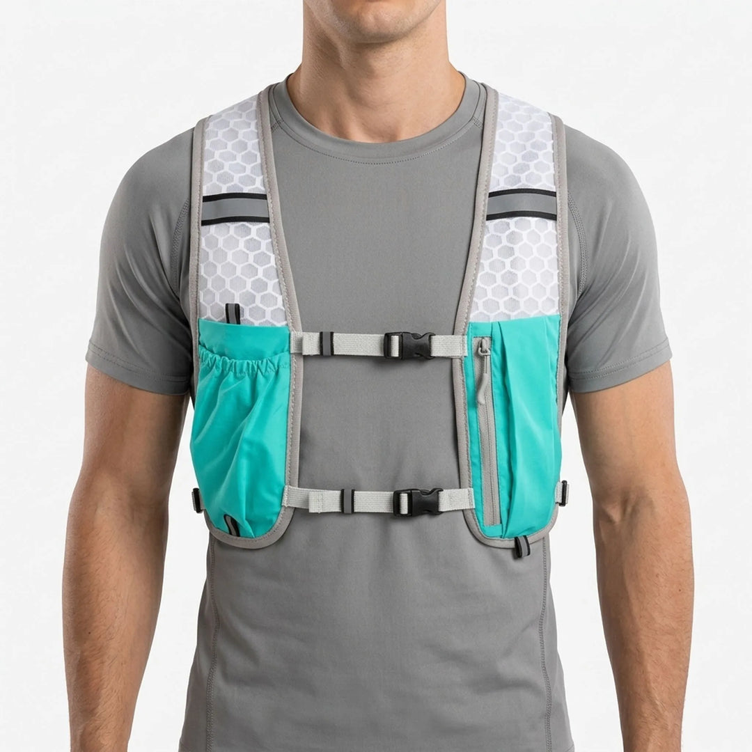 Lightweight turquoise running vest for men & women. Ideal for marathons, trails & athletic adventures.