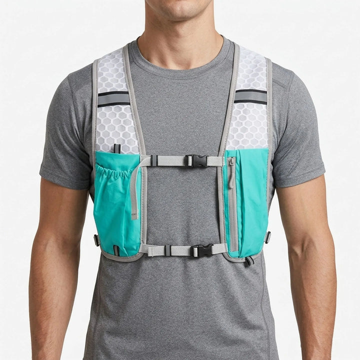 Athletic turquoise hydration vest, lightweight & comfortable for trail running, hiking & outdoor sports.