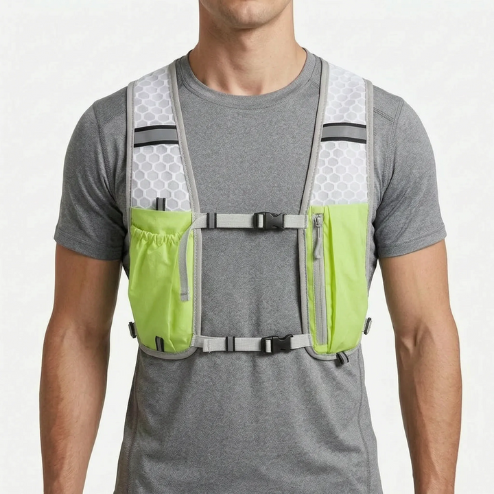 Turquoise activewear hydration vest for runners & hikers. Stay hydrated on trails & outdoor adventures.