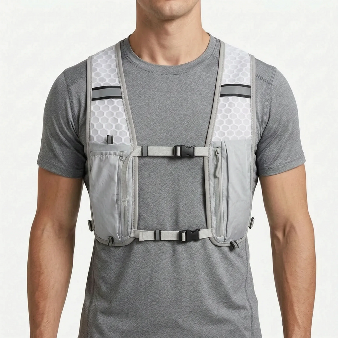 Lightweight turquoise running & hiking vest with multiple pockets for essential outdoor gear.