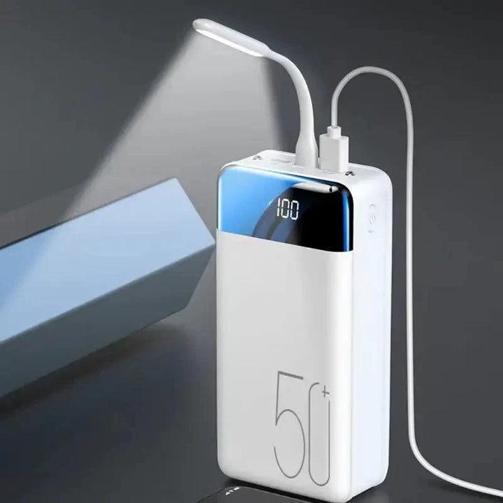 Fast charge 50000mAh portable power bank, ideal for multiple device charges, black finish