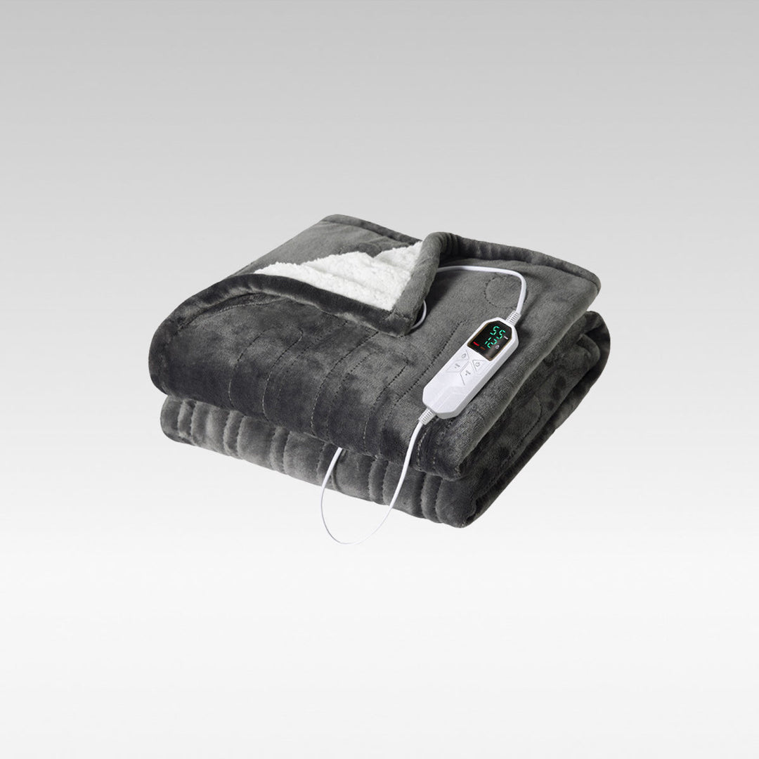 Ultra-soft electric heated blanket, grey flannel sherpa, for warm winter travel or camping