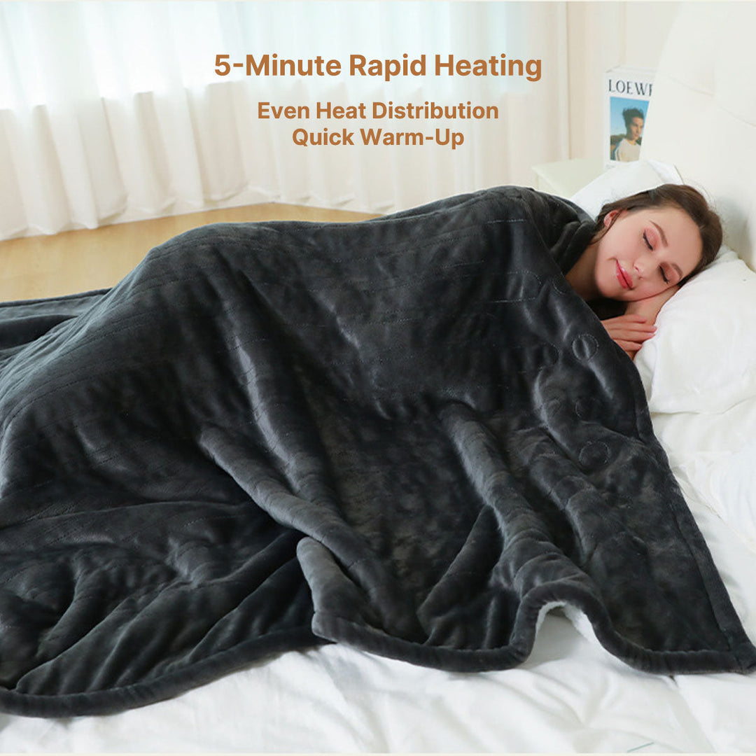 Heated travel blanket, folded on a car seat, illustrating its compact portability for winter trips