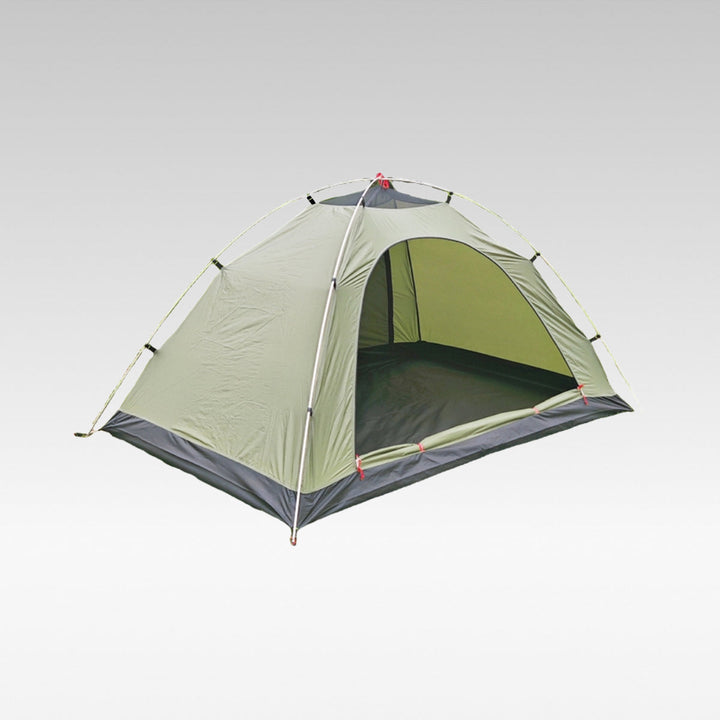 Ultralight 2-person dome tent in army green, perfect for backpacking and camping, setup in a forest.
