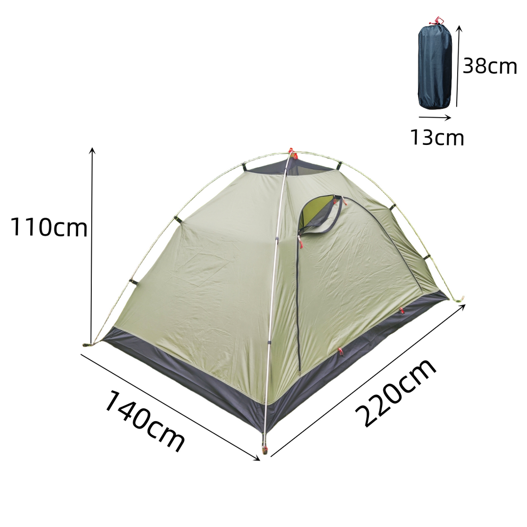 Ultralight 2-person tent during sunrise, showcasing its army green color blending with natural outdoor surroundings.