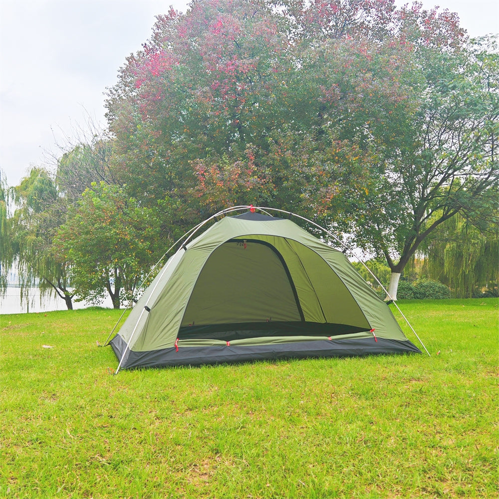 Freestanding ultralight dome tent for two, showing its compact size and army green color, ideal for minimalist camping.